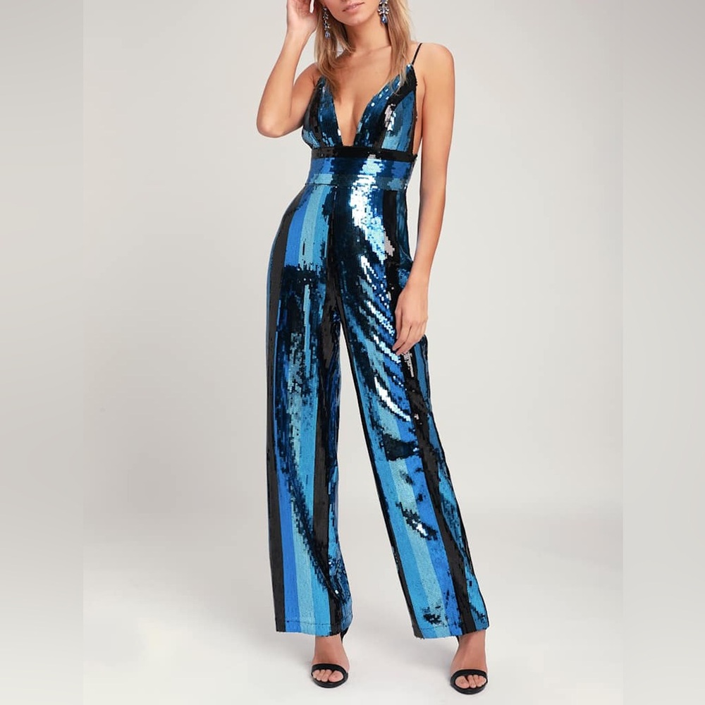 Wayf Sibyl Blue Black Multi Striped Sequin Jumpsuit